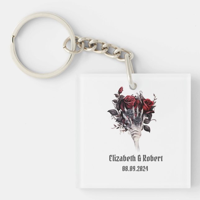 Gothic Red Roses Skeleton Wedding  Keychain (Front)