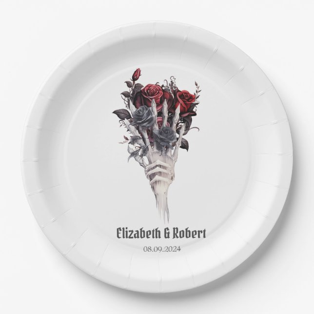 Gothic Red Roses Skeleton Wedding  Paper Plates (Front)