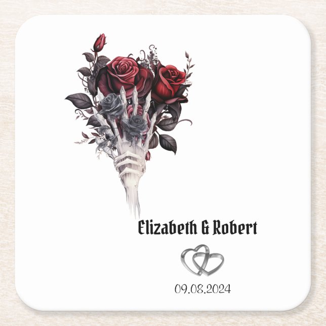 Gothic Red Roses Skeleton Wedding  Square Paper Coaster (Front)