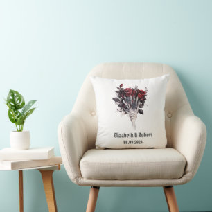 Gothic Red Roses Skeleton Wedding Throw Pillow