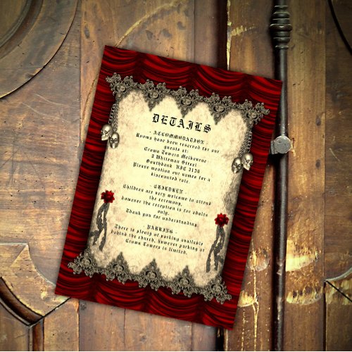 Gothic Red Silk and Gold Skulls Wedding Enclosure Card