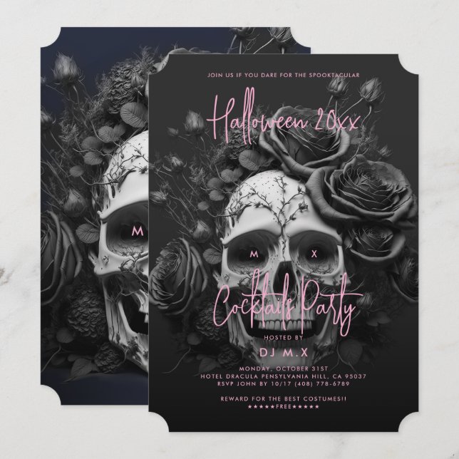 Gothic Retro Adult Halloween Party Skull Pink Invitation (Front/Back)