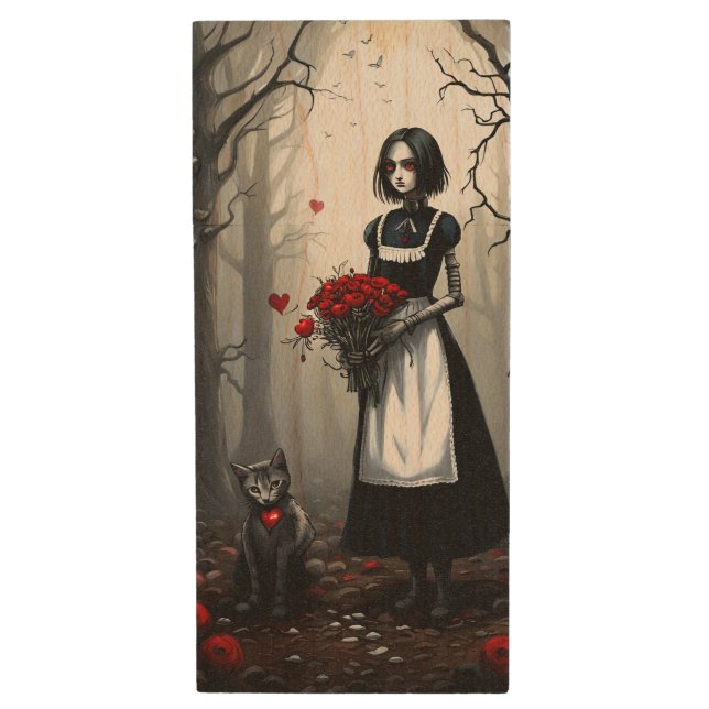 Gothic Robot Girl Wood Flash Drive (Front Vertical)