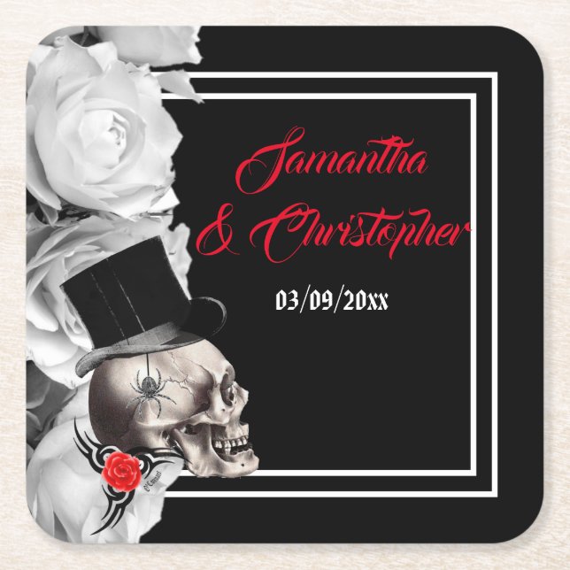 Gothic rock or biker black wedding square paper coaster (Front)