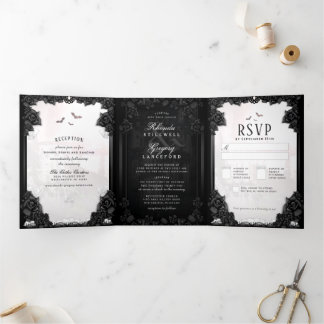 Gothic Romance Black & White "Together With" Tri-Fold Invitation