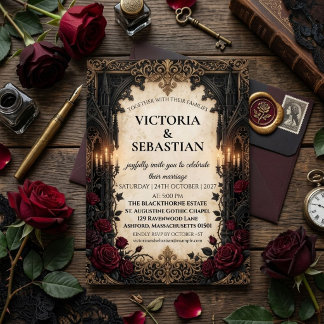 Gothic Romance Dark Academia & Red Roses Wedding Invitation