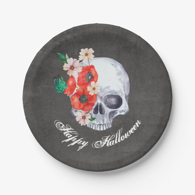 Gothic Romance Floral Skull Halloween Paper Plates (Front)