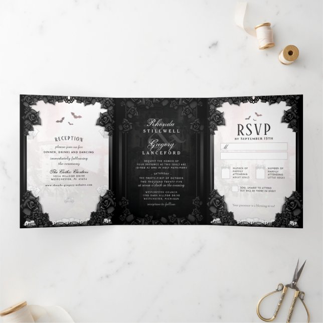 Gothic Romance Halloween Black & White Tri-Fold Invitation (Inside)