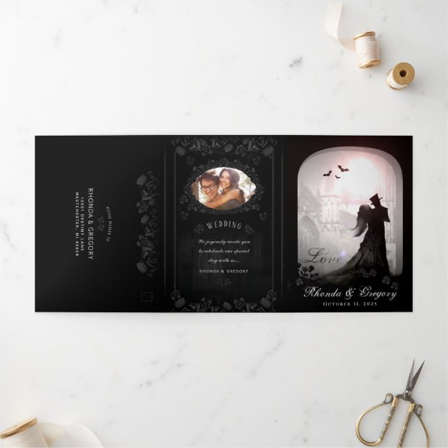 Gothic Romance Halloween (photo) "Together With"  Tri-Fold Invitation (Outside)
