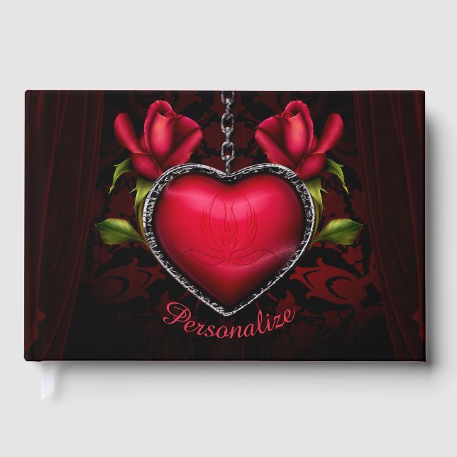 Gothic Romance Red Heart Chain & Roses Personalize Guest Book (Front)