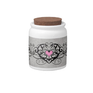 Gothic romance swirls and hearts on gray candy jar