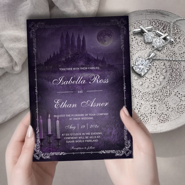 Gothic Romance Wedding Purple Silver Velvet  Invitation (Creator Uploaded)