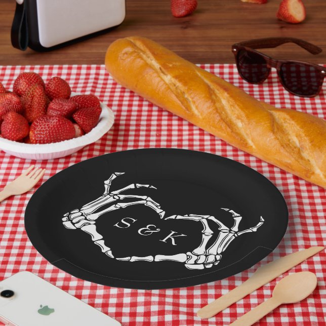 Gothic Romantic Skeleton Hand Halloween Wedding Paper Plates (Picnic)