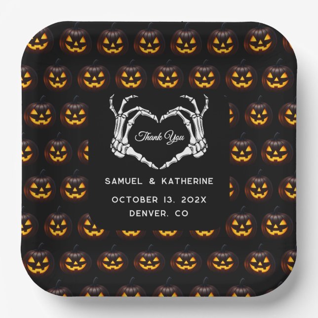 Gothic Romantic Skeleton Hand Halloween Wedding Paper Plates (Front)