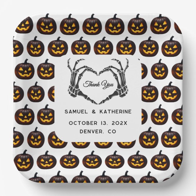 Gothic Romantic Skeleton Hand Halloween Wedding Paper Plates (Front)