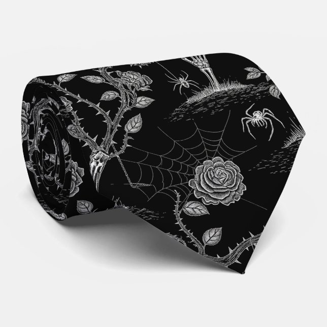Gothic Rose and Bone Pattern Neck Tie (Rolled)