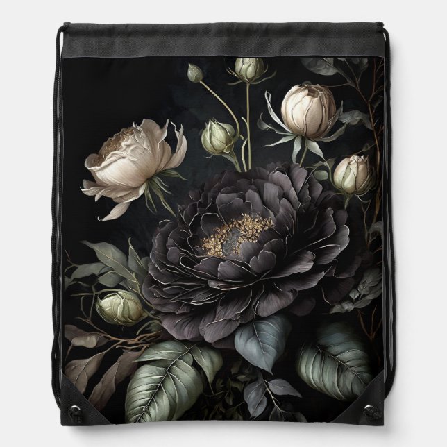  Gothic Rose Arrangement Black Flower Drawstring Bag (Front)