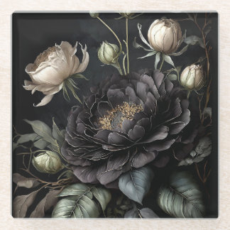  Gothic Rose Arrangement Black Flower Glass Coaster