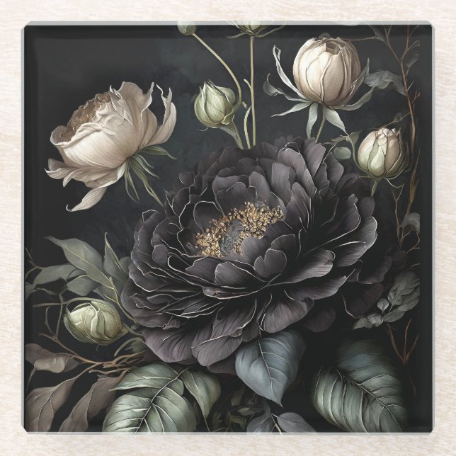  Gothic Rose Arrangement Black Flower Glass Coaster (Front)