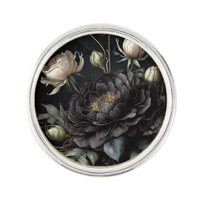  Gothic Rose Arrangement Black Flower Lapel Pin (Front)