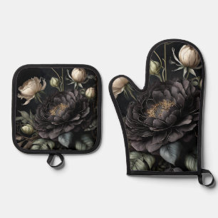  Gothic Rose Arrangement Black Flower Oven Mitt & Pot Holder Set