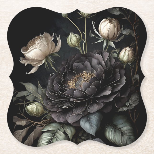  Gothic Rose Arrangement Black Flower Paper Coaster (Front)