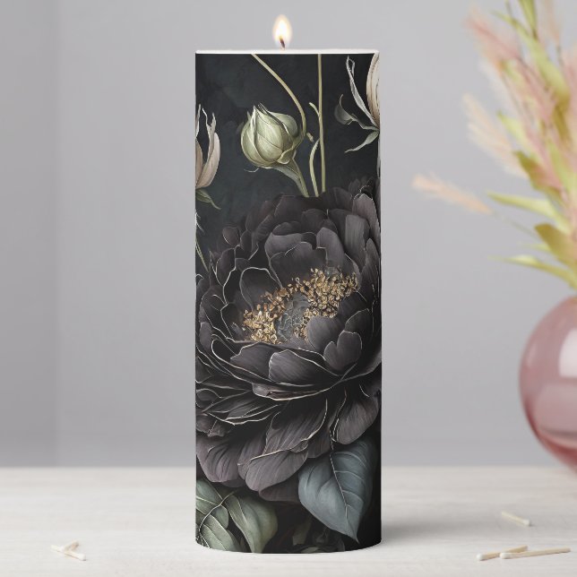  Gothic Rose Arrangement Black Flower Pillar Candle (In Situ)
