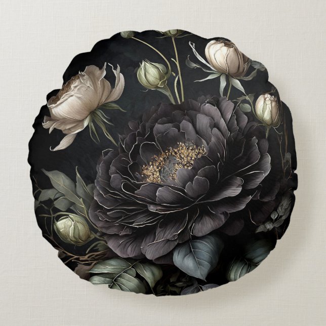  Gothic Rose Arrangement Black Flower Round Pillow (Front)