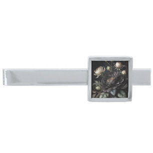 Gothic Rose Arrangement Black Flower Silver Finish Tie Bar