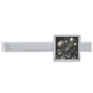 Gothic Rose Arrangement Black Flower Silver Finish Tie Bar