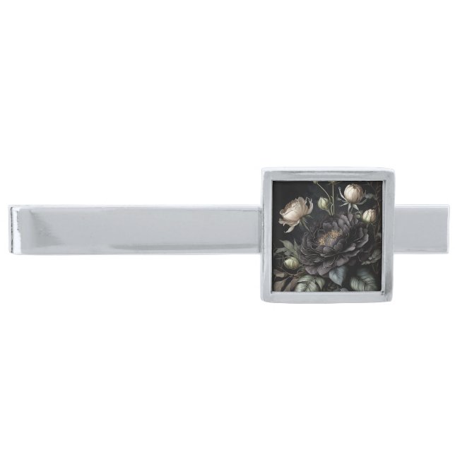  Gothic Rose Arrangement Black Flower Silver Finish Tie Bar (Front)