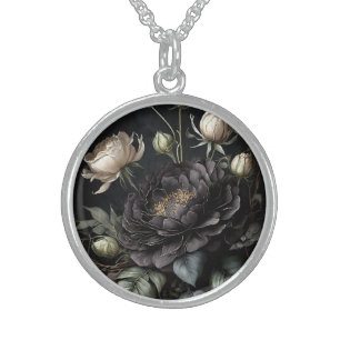 Gothic Rose Arrangement Black Flower Sterling Silver Necklace