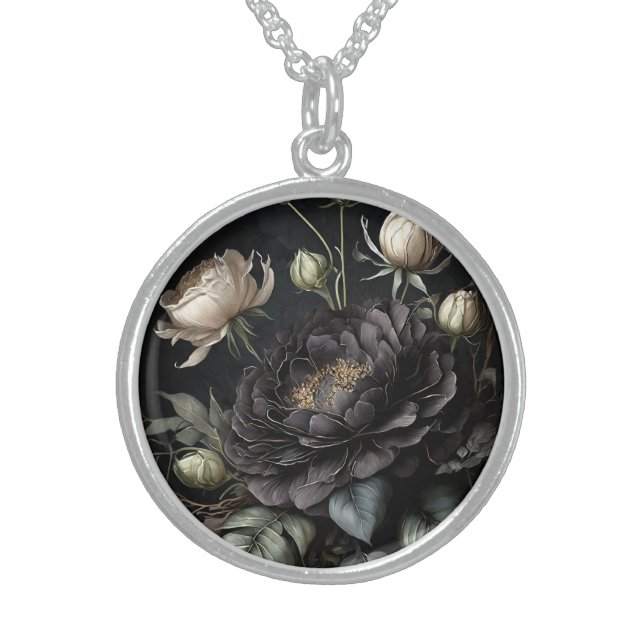  Gothic Rose Arrangement Black Flower Sterling Silver Necklace (Front)