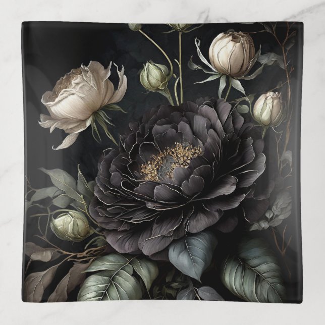  Gothic Rose Arrangement Black Flower Trinket Tray (Front)