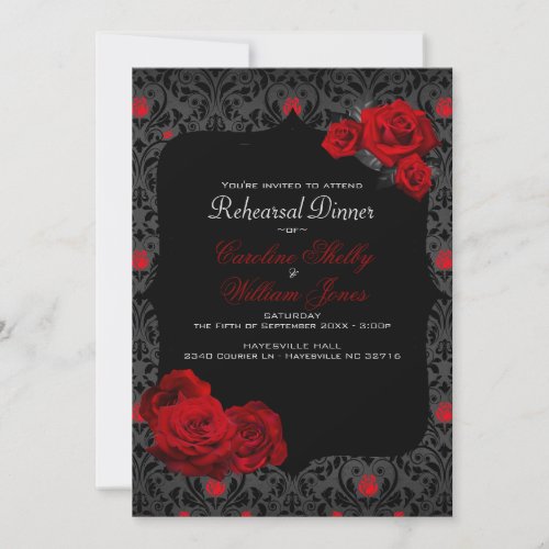 Gothic Rose Black and Red Rehearsal Dinner Invitation