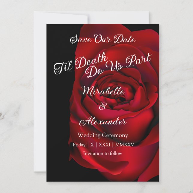 Gothic Rose Bold Moody Dark Black Red Wedding Save The Date (Front)