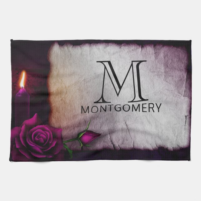 Gothic Rose, Candle, and Parchment Monogram Kitchen Towel (Horizontal)
