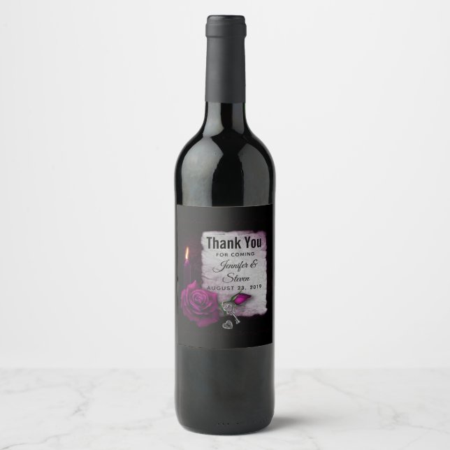 Gothic Rose, Candle, Parchment and Locket Wedding Wine Label (Front)