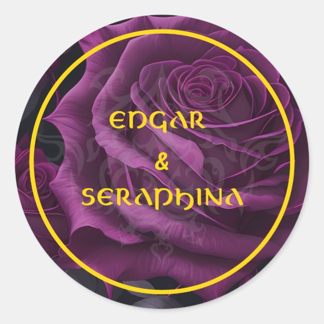 Gothic Rose Emblem Purple Black and Gold Classic Round Sticker (Front)