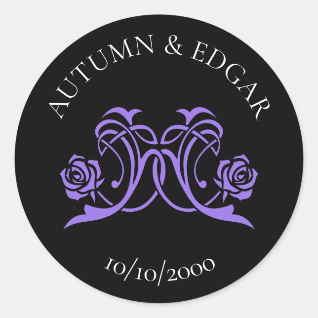 Gothic Rose Purple Black Wedding Classic Round Sticker (Front)