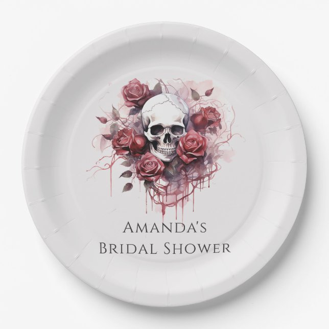 Gothic Rose Skull Halloween Bridal Shower Paper Plates (Front)