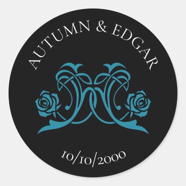 Gothic Rose Teal Black Wedding Classic Round Sticker (Front)