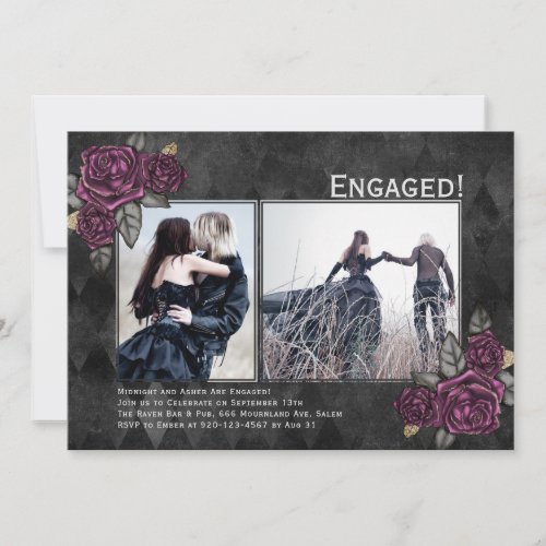 Gothic Roses 2 Photo Black Wedding Engagement Invitation