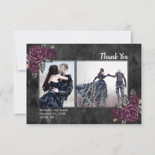 Gothic Roses 2 Photo Black Wedding Thank You Card