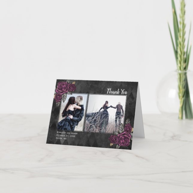 Gothic Roses 2 Photo Black Wedding Thank You Card (Front)