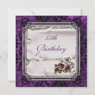 Gothic Roses & Black Damask 55th Birthday Invitation