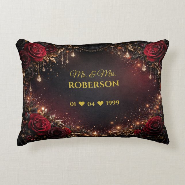 Gothic Roses Couples Name & Wedding Date Accent Pillow (Front)
