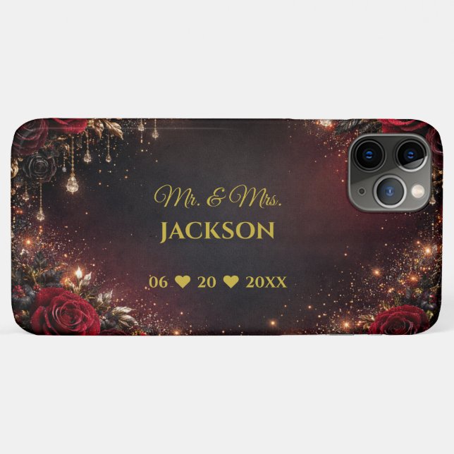 Gothic Roses Couples Name & Wedding Date Case-Mate iPhone Case (Back (Horizontal))