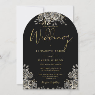 Gothic Roses Floral Black And Gold Arch Wedding Invitation