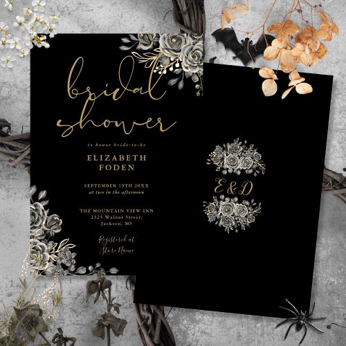 Gothic Roses Floral Black And Gold Bridal Shower Invitation